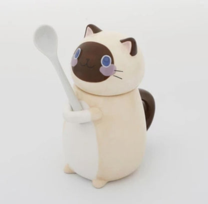 Hand Painted Cute Cat Ceramic Mug With Spoon