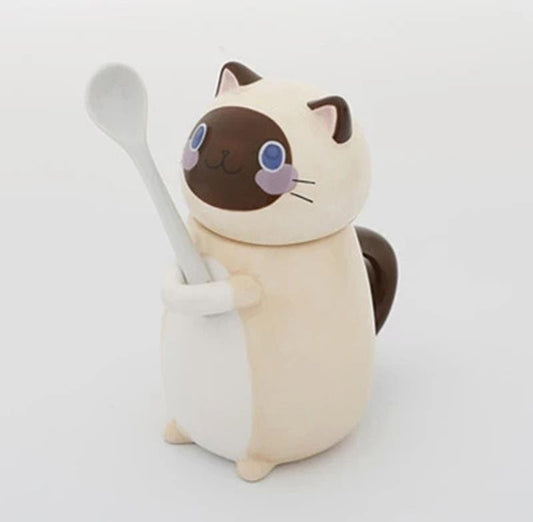 Hand Painted Cute Cat Ceramic Mug With Spoon