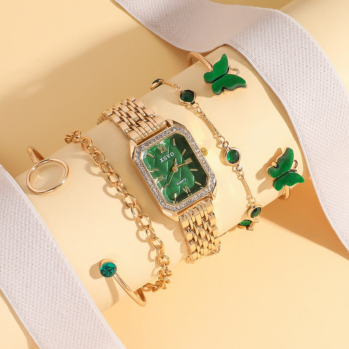 Wild Emerald Square Watch and Butterfly Bracelets 5pcs Set